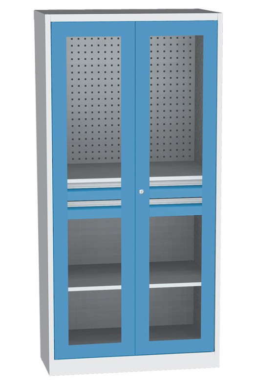 #05 STRONG DEEP MAXI 2D1S GLASS BLUE - Dílenská skříň s prosklenými dveřmi a dvěma zásuvkami, 1950/950/600 mm
